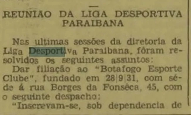 Filiação do Botafogo na Liga Paraibana